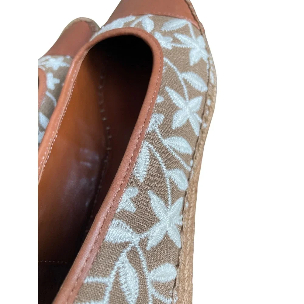 Vince Camuto Women Espadrille Flats Embroidered Floral Square Toe Tan Brown 6.5